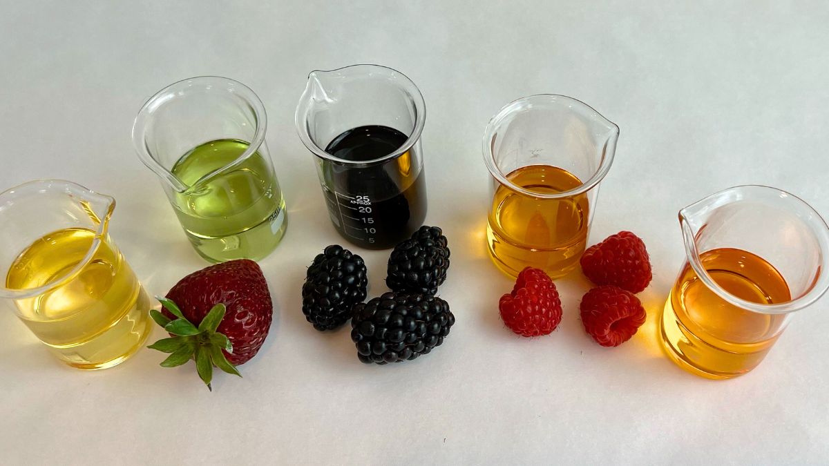 strawberry-blackberry-raspberry-seed-oil (1) blackberry, raspberry and strawberry seed oil in glass beakers with corresponding fresh fruit