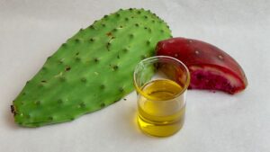golden prickly pear seed oil in glass beaker with cactus paddle and cactus fruit or tuna sliced